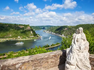 Loreley figure and  Rhine valley Landscape and Sankt Goarshausen view from the Lore Ley rock Germany Intersting Places