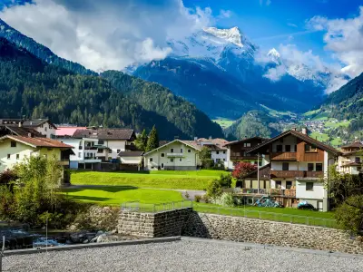 Panorama view of famous ski resort in Mayrhofen, Austria in autumn